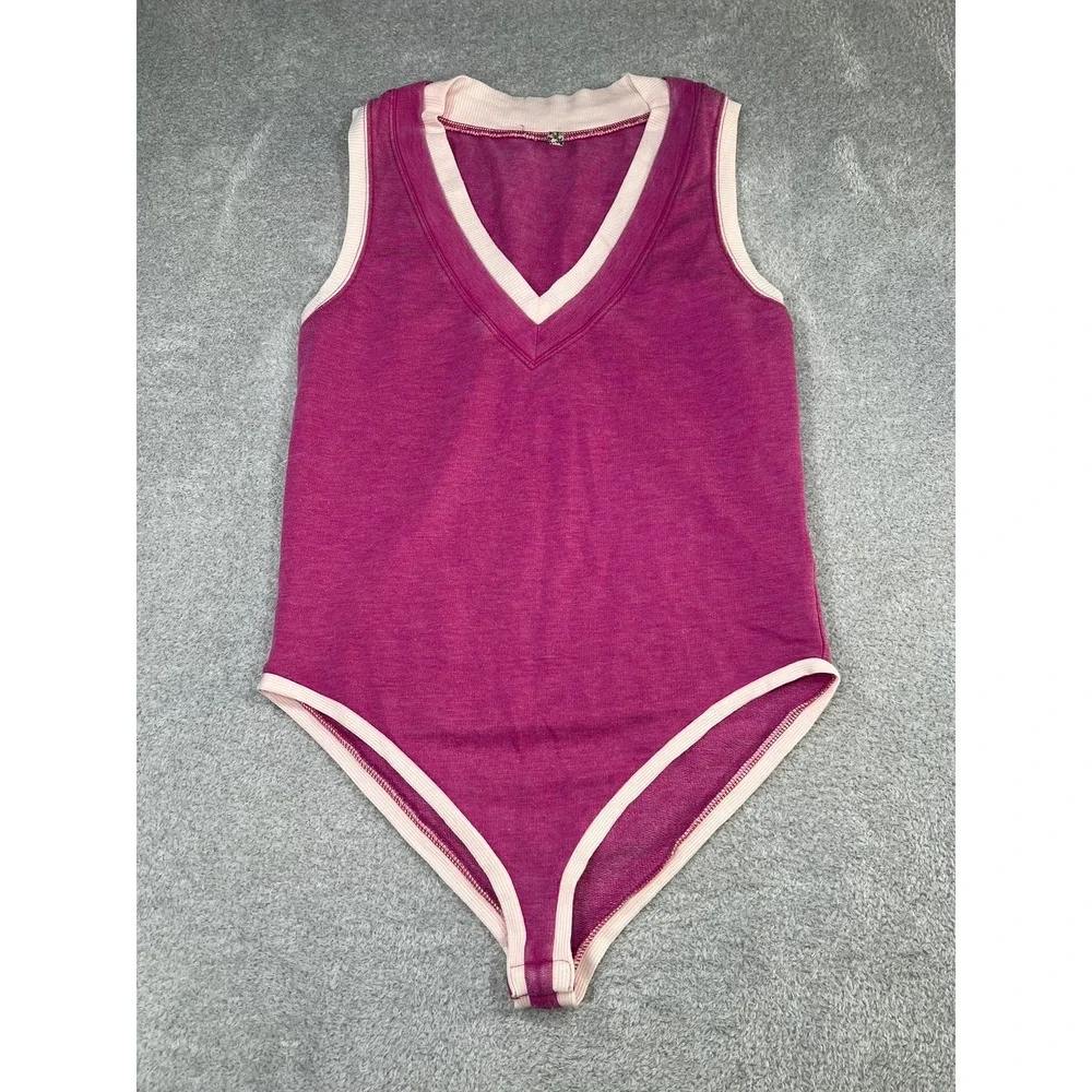 Free People Intimately Pink Varsity‎ V-Neck Bodysuit Sleeveless XS Small Preppy